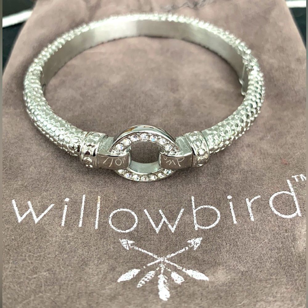 Willowbird Bangle Bracelet – Textured Silver Tone + Crystal Detail